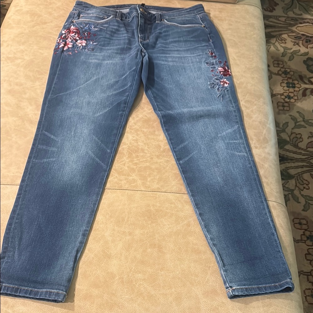 White House Black Market Blue Jeans with Floral Embroidery